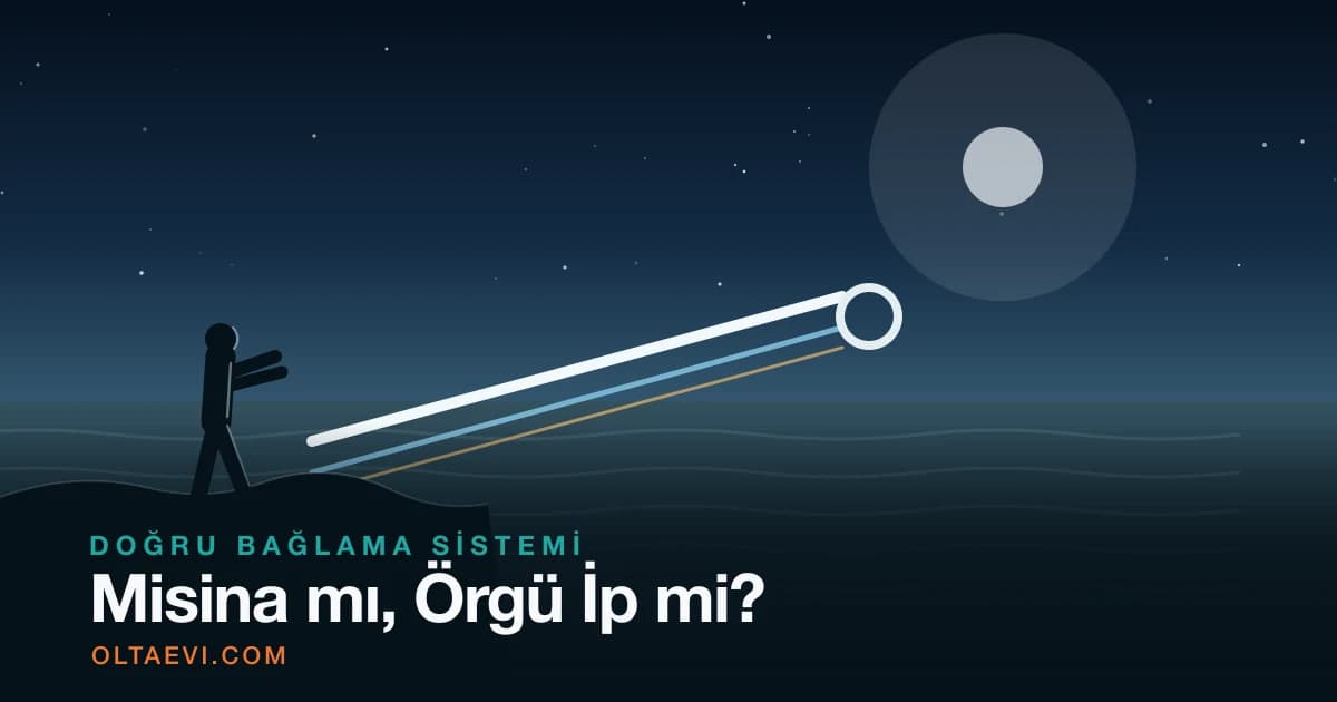 Misina mı örgü ip mi: gece denizin üstünde yan yana uzanan farklı kalınlıkta üç misina ve iğne halkası