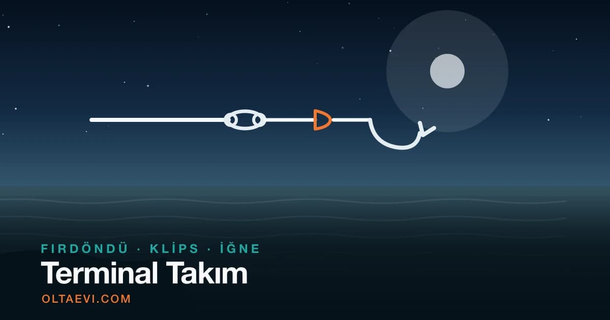 Terminal takım: gece denizin üstünde sıralanmış fırdöndü, klips ve iğneden oluşan takım zinciri